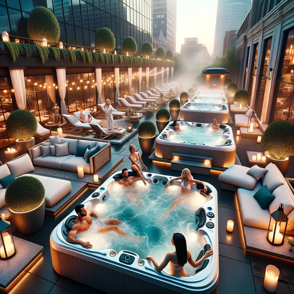 Luxurious rooftop setting in Indianapolis with multiple hot tubs, surrounded by elegantly designed seating areas, green topiaries, and city skyline backdrop.