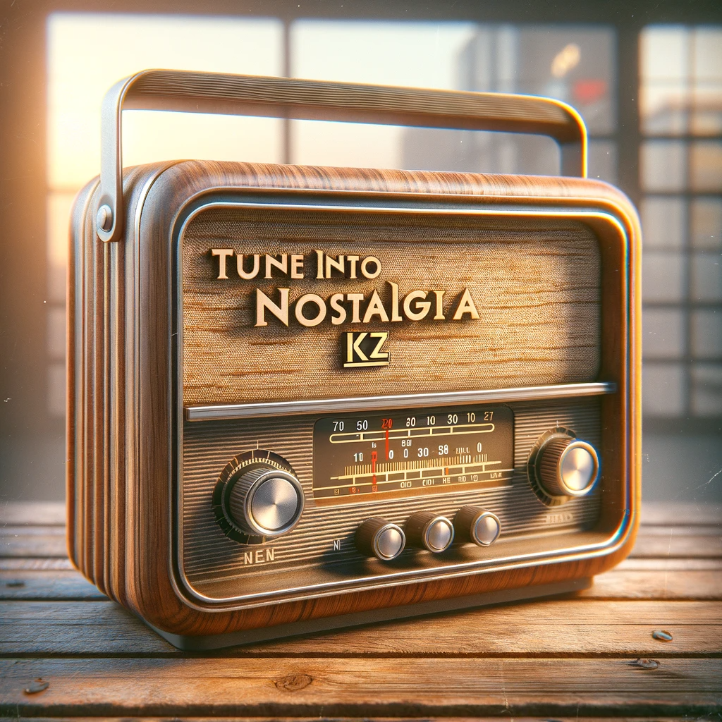 A vintage KZ radio with a wooden exterior and retro knobs, featuring a small digital display. The radio emits a warm glow and rests on a wooden table with a modern background.