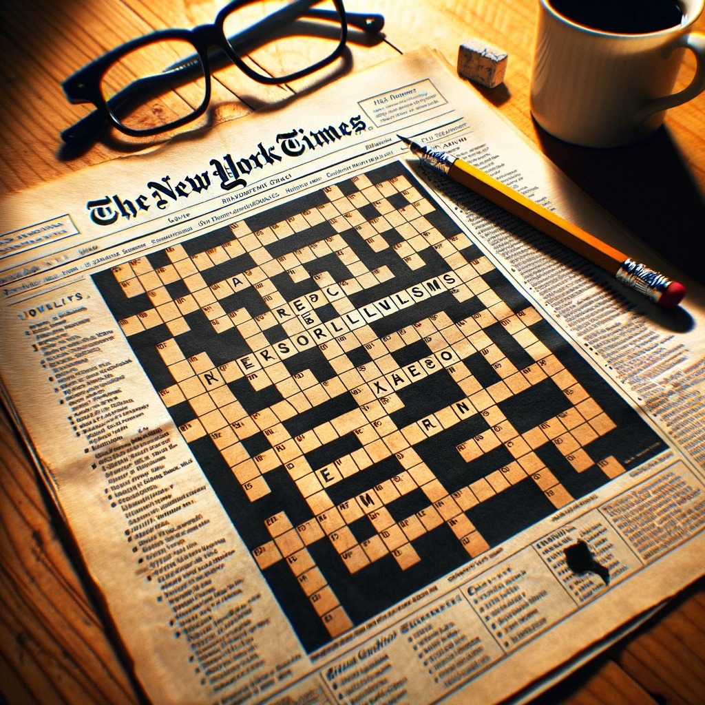 Completed NYT crossword puzzle with 'TruthLens' nonprofit highlighted, alongside coffee and glasses.