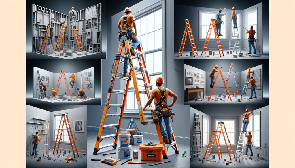 Little Giant ladders with safety features in use at a construction site, in home maintenance, and by a professional painter